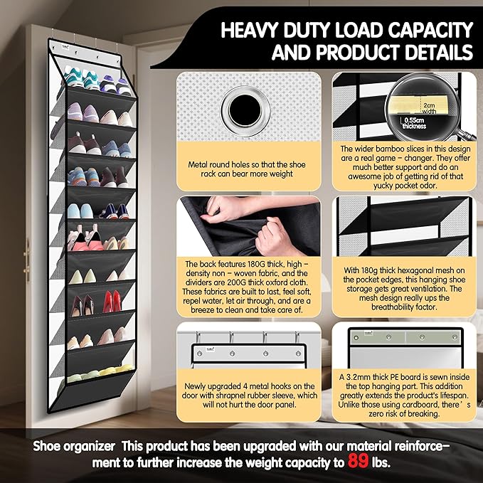 10 Tier Hanging Shoe Rack - Heavy Duty Behind The Door Hanging Shoe Rack, Sturdy Oxford Cloth, 20+ Pairs Over The Door Shoe Cabinet for Boots and Sneakers - Save 50% Closet Space! (Piano White)