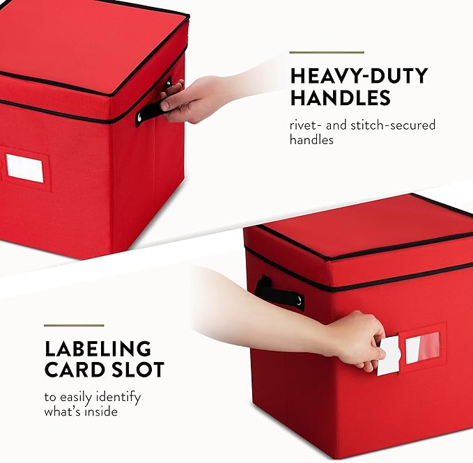 Zober Christmas Ornament Storage Box - Stores 64 Ornaments - Non-Woven, Tear- Proof Christmas Ornament Storage Containers - 3 Inch Cube Compartments - Red