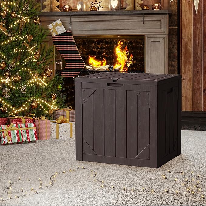 31 Gallon Resin Deck Box Waterproof Outdoor Storage Box for Patio Furniture Pool Accessories Indoor Storage for Cushion Garden Tools, Brown
