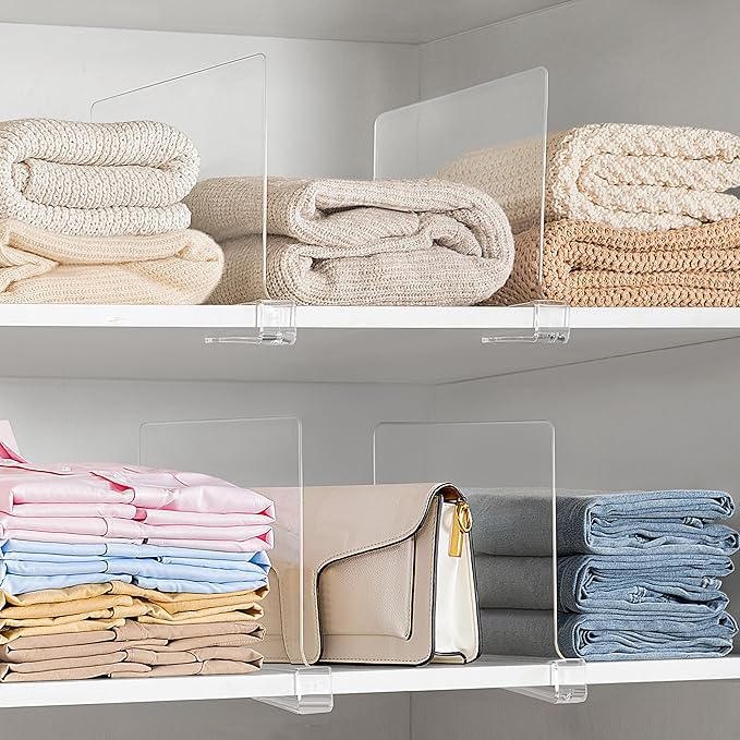HBlife 6 Pack Clear Shelf Dividers, Vertical Purse Organizer for Closet Perfect for Sweater, Shirts, Handbags in Bedroom and Kitchen, Adjustable Acrylic Bookshelf for Organization