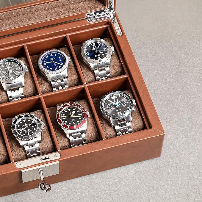 ROTHWELL 10 Slot Leather Watch Box - Luxury Case Display Jewelry Organizer - Locking Watch Display Case Holder with Large Glass Top - Box Organizer for Men and Women (Tan/Brown)