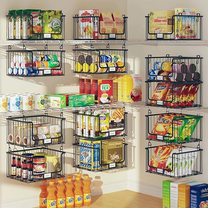 5-Tier Hanging Laundry Room Organizer with Label Cards,Foldable Wire Shelf Basket with 4 Rotating Hooks,Stacked Laundry Basket Organizer,Storage Rack for Laundry Rooms,Closet and Pantry-Black