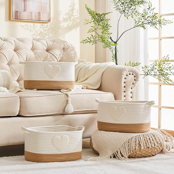 Storage Bins Woven Baskets for Storage Set of 3, Cotton Rope Basket with Handles for Toys/Shelves/Laundry, Rectangle Multi-Purpose Organizer for Living Room, Bedroom, Nursery (Heart)