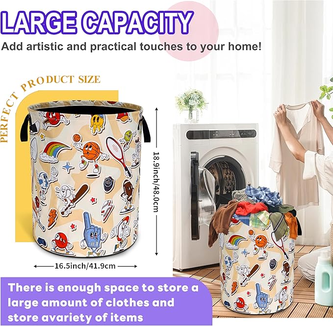 Ball Game Laundry Basket Funny Balls Sports Oxford Cloth Laundry Hamper With Handle Foldable Portable Clothes Storage Basket 18.9 X 16.5 In Storage Bag For Laundry Room/Bathroom/Bedroom/Dormitories