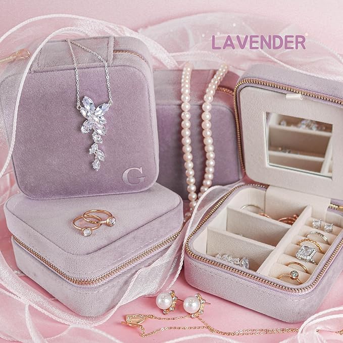 Customizable Compact Velvet Jewelry Box with Mirror, Travel Jewelry Case, Travel Jewelry Organizer, Jewelry Box for Women and Girls, Small Jewelry Organizer (Bottom Right Text, Lavender Pink)
