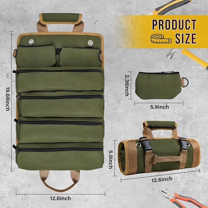 Tool Bag, Tool Bags for Men, Heavy Duty Tool Organizer, Portable Roll Up Tool Bag Gifts For Him, Mechanic, Electrician and Hobbyist, Car Tool Roll Organizer -Green