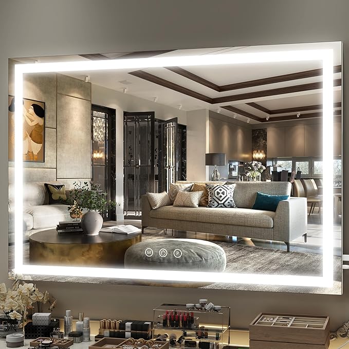 FENNIO Large Vanity Mirror with Lights，40" x 28"Makeup Mirror with Lights，Hollywood Mirror with 3 Color Modes & Adjustable Brightness，Vanity Mirror Square White