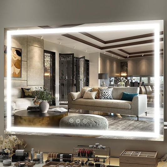 FENNIO Large Vanity Mirror with Lights，40" x 28"Makeup Mirror with Lights，Hollywood Mirror with 3 Color Modes & Adjustable Brightness，Vanity Mirror Square White