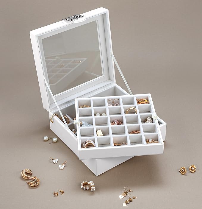 Glenor Co Earring Organizer - Classic 50 Section Jewelry Box/Case/Holder for Earrings, Rings, Necklaces, Jewelry, Cufflinks or Collections -2 Layer Small Compartments with Large Glass Top - White
