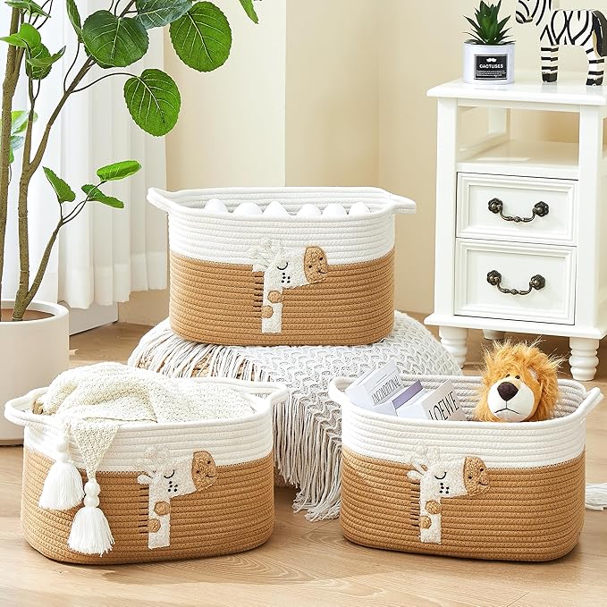 Storage Bins Woven Baskets for Storage Set of 3, Cotton Rope Basket with Handles for Toys/Shelves/Laundry, Rectangle Multi-Purpose Organizer for Living Room, Bedroom, Nursery (Giraffe)