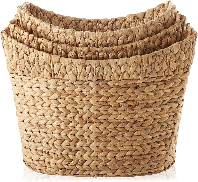 Casafield Set of 3 Stackable Oval Laundry Baskets with Handles - Natural, Woven Water Hyacinth Storage Totes for Throw Blankets, Bathroom, Bedroom, Living Room