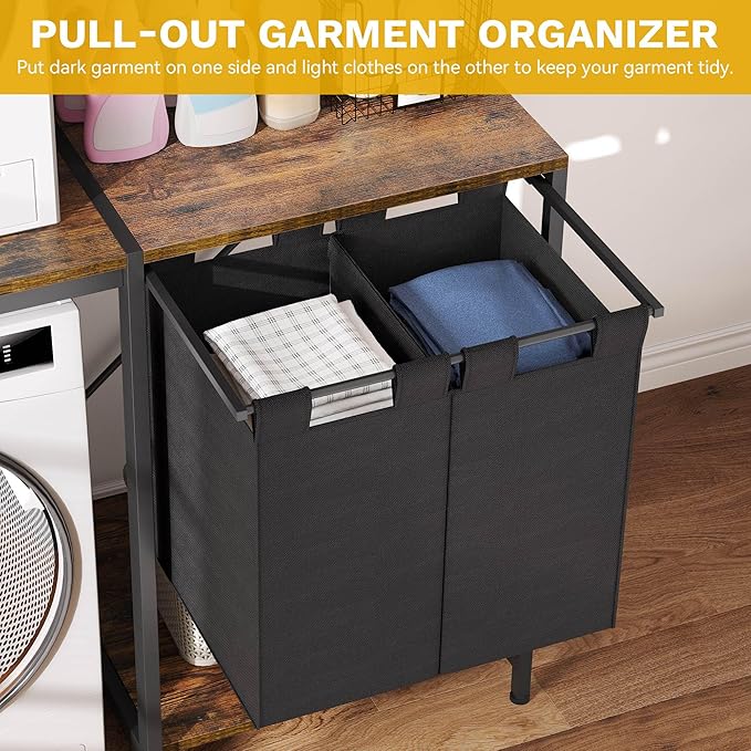 DWVO Over Washer and Dryer Shelves, Laundry Room Organization with Removable Pull-Out Hamper, Hanging Rods, Metal Hooks, Heavy-Duty Laundry Countertop with Non-Tipping Kits, Retro Color