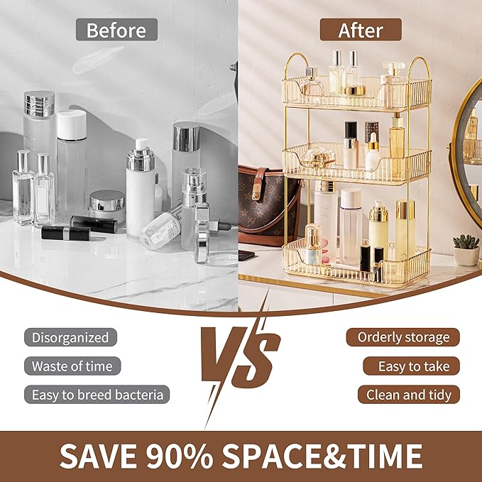 YCIA&DONE Bathroom Organizer Countertop, Makeup Storage, Skincare Cosmetic Tray Shelf, Perfume Holder Rack for Vanity Counter, Large Capacity, Easy to Install, Clean, 3 Tiers, Amber Gold