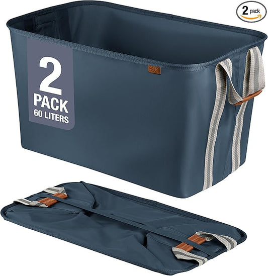 CleverMade Collapsible Laundry Basket Hamper - LUXE Navy Noir Cream 2Pack 60L - Space Saving Storage Organizer with Handles Foldable Home Organization
