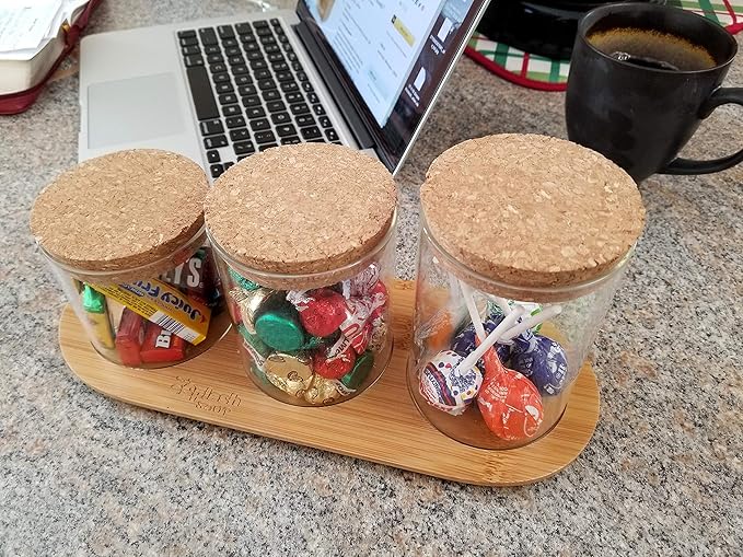 Glass Jar Set on Bamboo Tray, Natural Cork Lids, Bath Item Qtip Cotton Ball Canisters, Seasonal Display Decor, Centerpiece