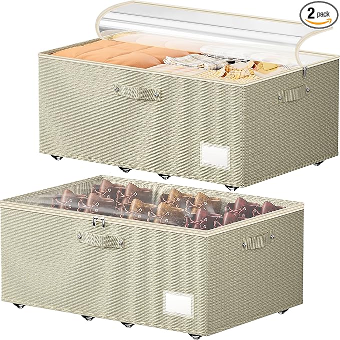 Underbed Storage with Wheels, 2 Pack Under Bed Storage Containers with Clear Lids, No Assembly Required 10.1 inch Rolling Under Bed Storage for Clothes, Beige
