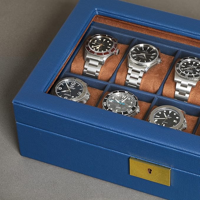 ROTHWELL 10 Slot Leather Watch Box - Luxury Case Display Jewelry Organizer - Locking Watch Display Case Holder with Large Glass Top - Box Organizer for Men and Women (Blue/Tan)