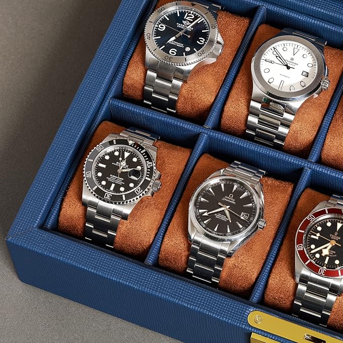 ROTHWELL 10 Slot Leather Watch Box - Luxury Case Display Jewelry Organizer - Locking Watch Display Case Holder with Large Glass Top - Box Organizer for Men and Women (Blue/Tan)