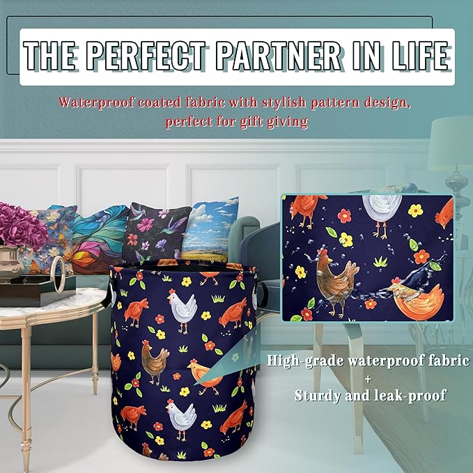 Cute Roosters Chicken Laundry Basket With Handles Oxford Cloth Tote Bag Animal Laundry Hamper18.9"x16.5 "Foldable Clothe Storage Bucket Toy Organizer For Bathroom/Laundry/Bedroom