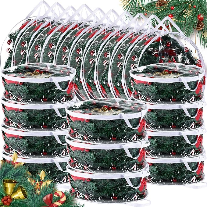 Zhengmy 20 Pcs 30 Inch Christmas Wreath Storage Bags Transparent Wreath Storage Container Bulk Wreaths Box with Dual Zippers and Handles for Xmas Holiday Wreaths Garland