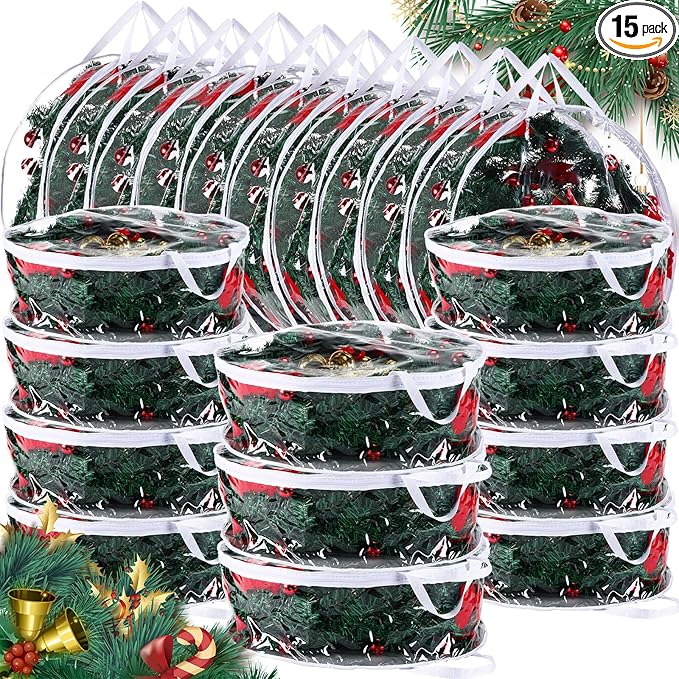 Zhengmy 15 Pcs 24 Inch Christmas Wreath Storage Bags Transparent Wreath Storage Container Bulk Wreaths Box with Dual Zippers and Handles for Xmas Holiday Wreaths Garland