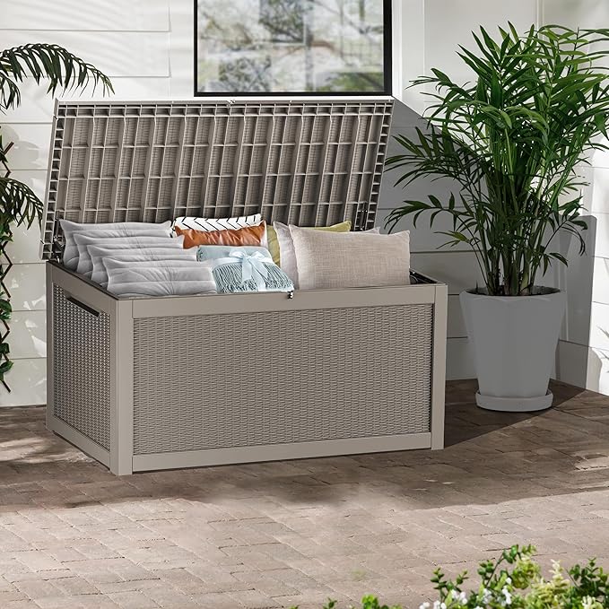 320 Gallon Lockable Resin Deck Box, Waterproof & UV-Resistant Outdoor Storage Box for Outdoor Cushion Storage, Garden Tools Accessories Storage, Gray