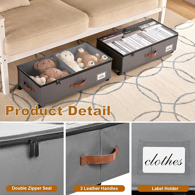 Under Bed Storage Containers with Wheels 9.5 inches Higher Under Bed Storage XXXL Underbed Shoes Blankets Clothes Storage Organizer 2 Pack Under the Bed Storage for College Dorms Bedroom Nursery Rooms