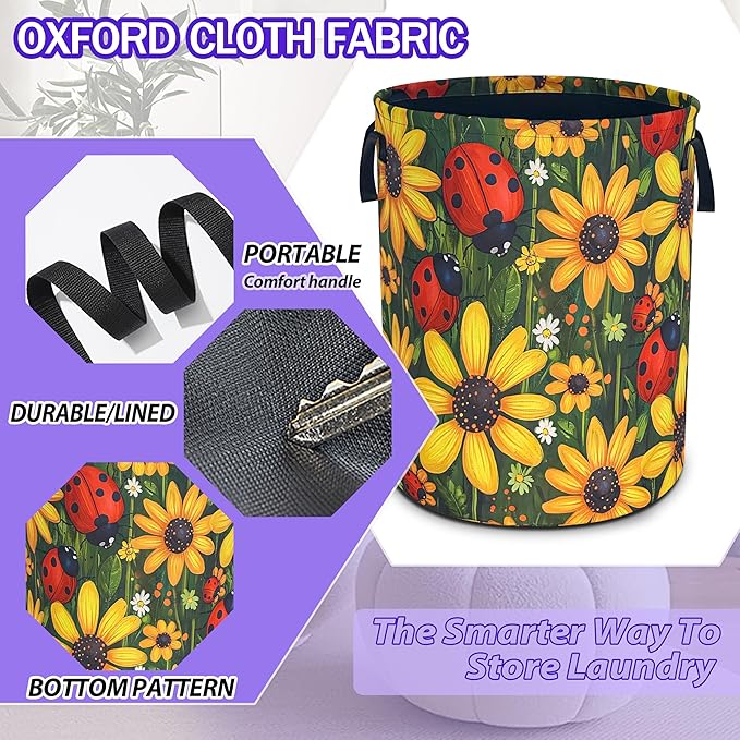 Ladybug Sunflower Laundry Basket Cartoon Oxford Cloth Laundry Hamper Funny With Handle Foldable Portable Clothes Storage Basket 18.9 X 16.5 In Storage Bag For Laundry Room/Bathroom/Bedroom/Dormitories