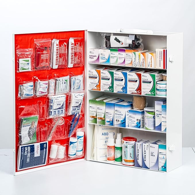 4-Shelf Restaurant Metal 1st Aid Cabinet Class B, Large Capacity First Aid Wall Mount Medicine Cabinet, Secure Metal Med Box with Easy Access, Exceeds OSHA/ANSI Z308.1 2015, Over 1250 Pieces