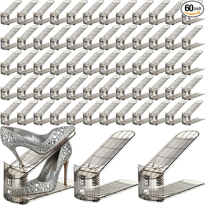 Clear Shoe Slots Organizer with Adjustable Height, Acrylic Closet Stacker Display, Storage Shoe Rack Organizer, Double Layer Holders for Shelf Wardrobe Space Saving (Gray,60 Pack)