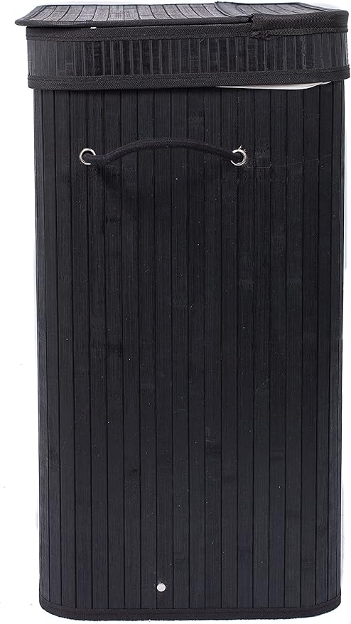BIRDROCK HOME Double Laundry Hamper with Lid and Cloth Liner - Bamboo - Black - Easily Transport Laundry Basket - 2 Section Collapsible Hamper - String Handles
