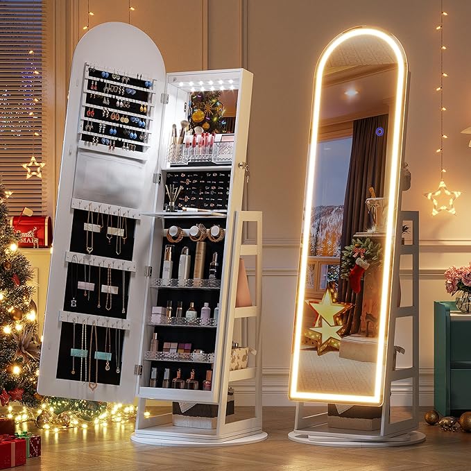 LVSOMT LED Mirror Jewelry Cabinet Standing, Lockable Jewelry Armoire with Arched Full-Length Mirror and Adjustable LED Lights, Space-Saving Jewelry Organizer with Mirror(White)