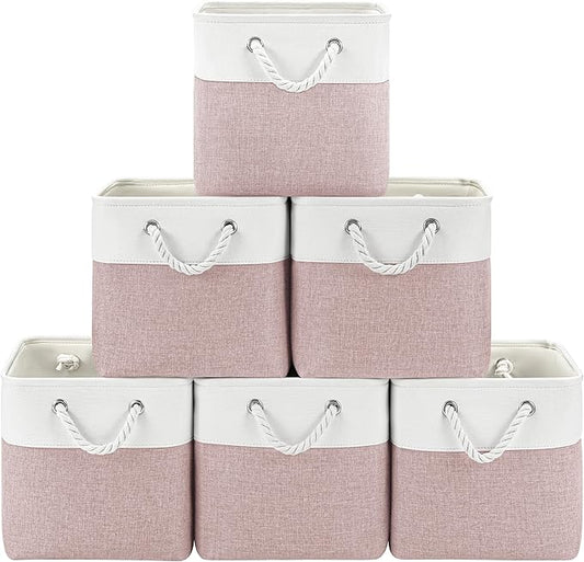 11 Inch Storage Cubes 6-Pack, Foldable Fabric Organizer Bins with Rope Handles, Cube Storage Baskets for Closet Shelves and Home Organization(White/Pink)