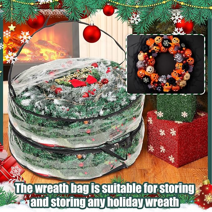 Shappy 4 Pcs 36 Inch Christmas Wreath Storage Container Clear Wreath Storage Bags PVC Waterproof Garland Bags with Clear Window Dual Zippers and Handles for Xmas Holiday Artificial Garland (Black)