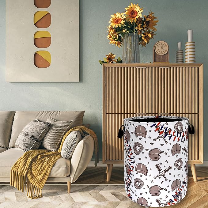 Retro Baseball Laundry Hamper Foldable With Handles Sports Theme Tote Bag Oxford Cloth Funny Laundry Basket Clothes Toy Storage Bucket 18.9"x16.5"For Bathroom/Laundry/Bedroom