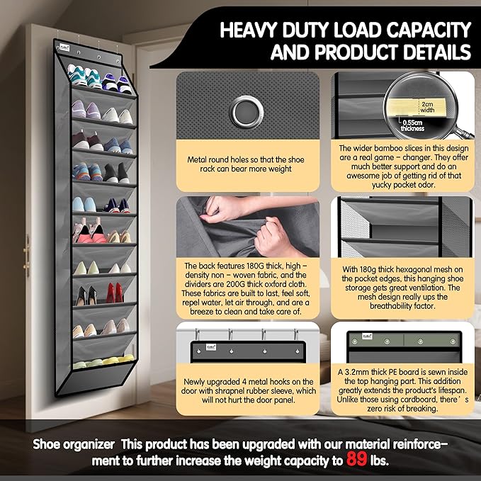 10 Tier Over The Door Organizer - Heavy Duty Hanging Storage Rack with Sturdy Oxford Fabric, Holds 20+ Pairs of Footwear, Boots & Sneakers, Saves 50% Closet Space (Gray)