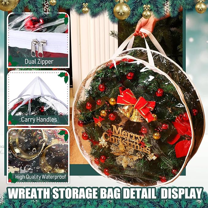 Zhengmy 10 Pcs 30 Inch Christmas Wreath Storage Bags Transparent Wreath Storage Container Bulk Wreaths Box with Dual Zippers and Handles for Xmas Holiday Wreaths Garland