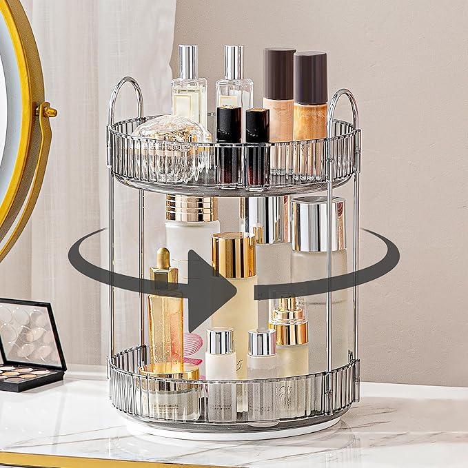 360 Rotating Makeup Organizer for Vanity, Bathroom Countertop Spinning Perfume Organizer, High-Capacity Cosmetic and Skincare Dresser Make Up Holder Rack (2 Tiers, Grey)