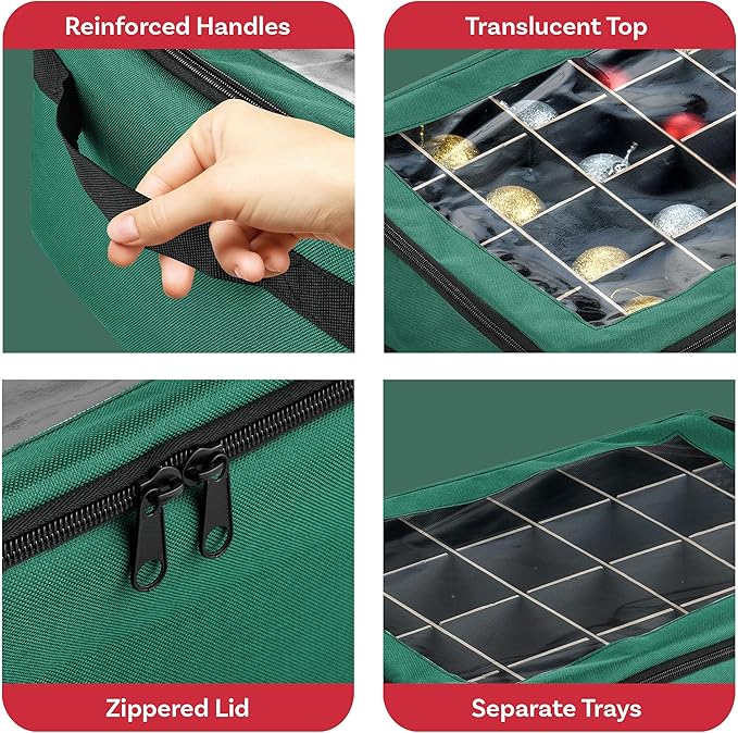 Ornament Storage Box - Zippered Organizer with 48 Individual Compartments and Dividers for Christmas Bulbs and Decorations by Tiny Tim Totes (Green)