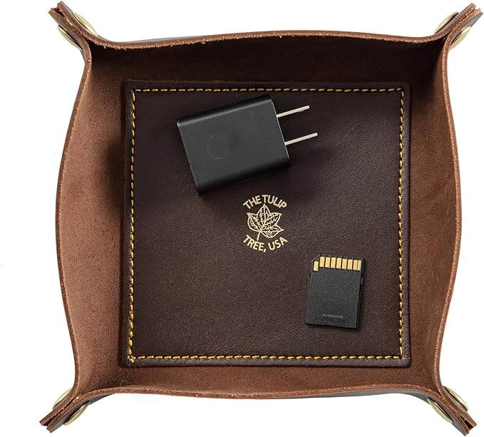 USA Handmade Premium Leather Valet Tray, Folds Flat! Dice Rolling Basket and Organizer with Brass Rivets (Brown Gold, Medium)