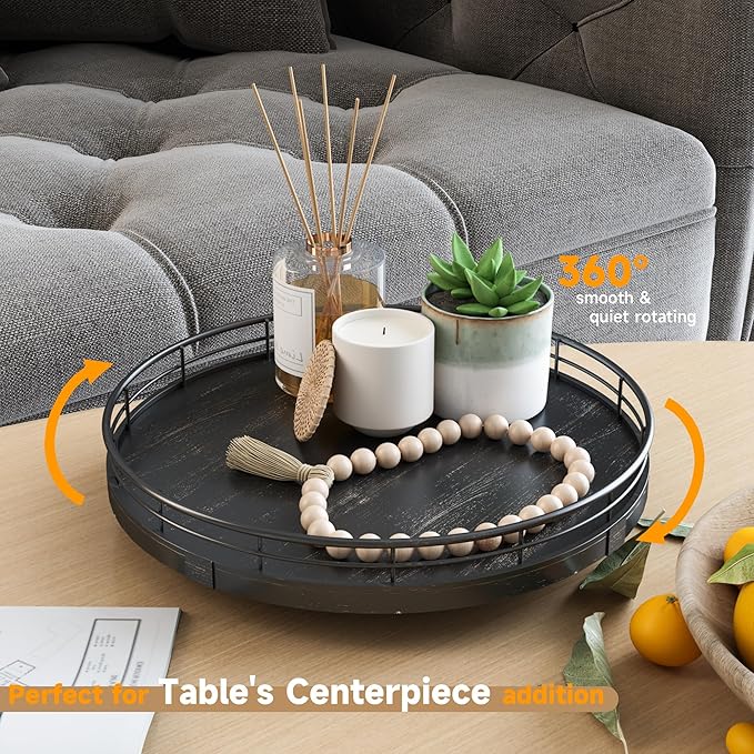 10" Oak Bathroom Vanity Tray Turntable for Perfume Candle, Round Wooden Decorative Tray for Kitchen Sink Countertop Organizer, Bathroom Counter Organizer for Skincare Makeup, Farmhouse Black Gold