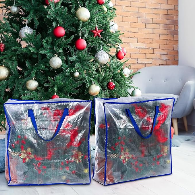 8 Pcs Clear Wreath Storage Bags 26 Inch Valentines St. Patrick's Garland Container Door Garland Holiday Wreath Storage Holder with Handle and Zipper Heavy Duty Plastic Packing Totes(Blue)