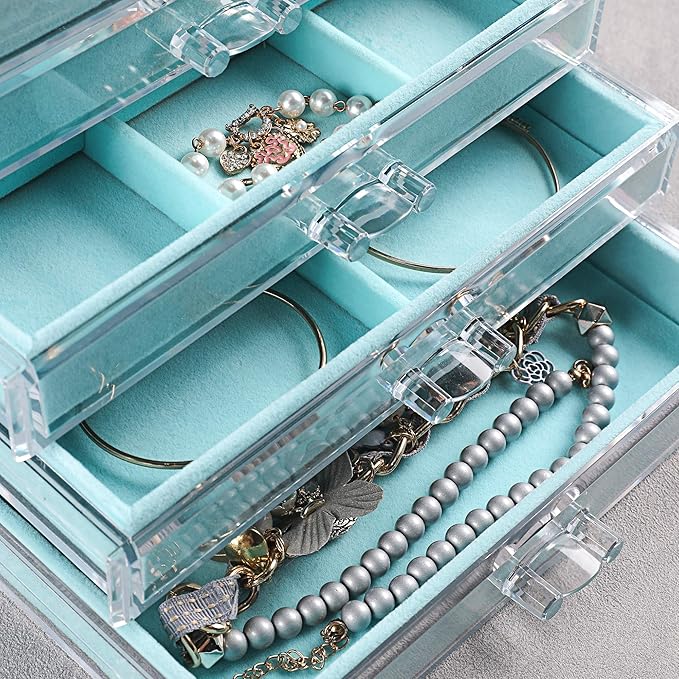 Frebeauty Extra Large Acrylic Jewelry Box for Women 5 Layers Clear Jewelry Organizer Velvet Earring Box with 5 Drawers Rings Display Case Necklaces Holder Tray for Women Girls (Turquoise)
