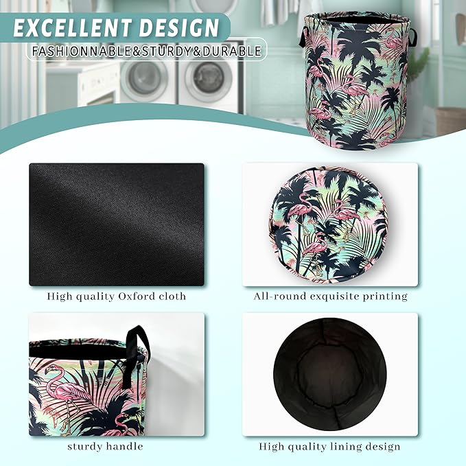 Pink Flamingo Laundry Basket With Handles Oxford Cloth Tote Bag Tropical Palm Trees Laundry Hamper 18.9" x 16.5" Foldable Clothes Storage Bucket Toy Organizer For Bathroom/Laundry/Bedroom