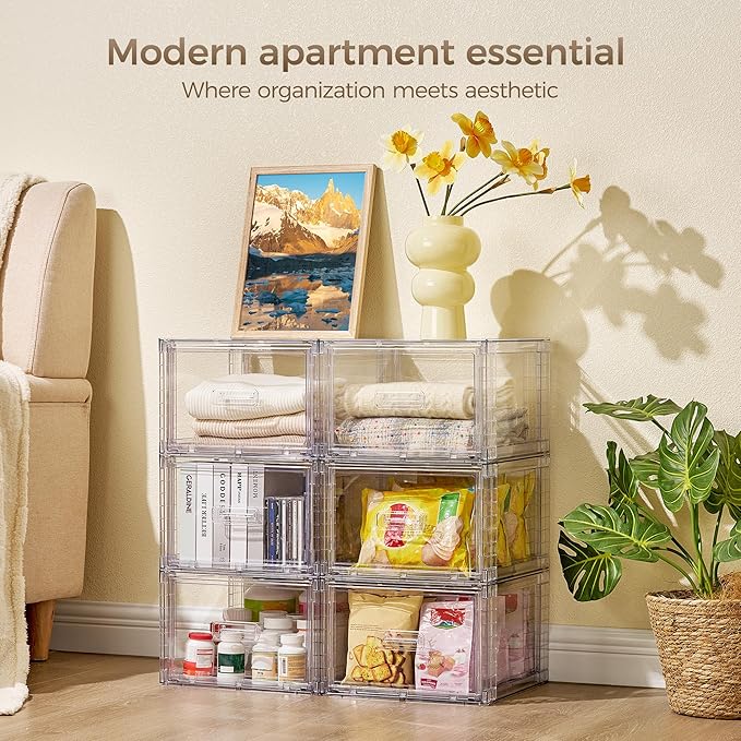 Vtopmart 4 Pack 18QT Clear Stackable Storage Drawers,Easily Assemble Closet Organizers,Plastic Storage Bins for Bathroom,Cabinet,Kitchen Pantry,Under Sink Organization(Medium)