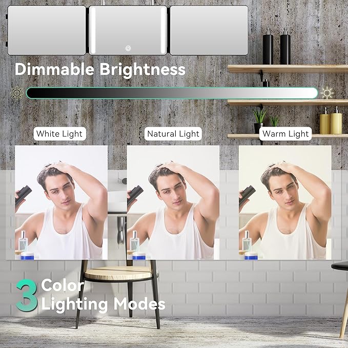 3 Way Mirror with LED Lights & 360° View,See Back of Head Trifold Barber Mirror for Self Haircut, Shaving & Braiding, Portable Travel Design with Hook for Home,Men & Women (Black)