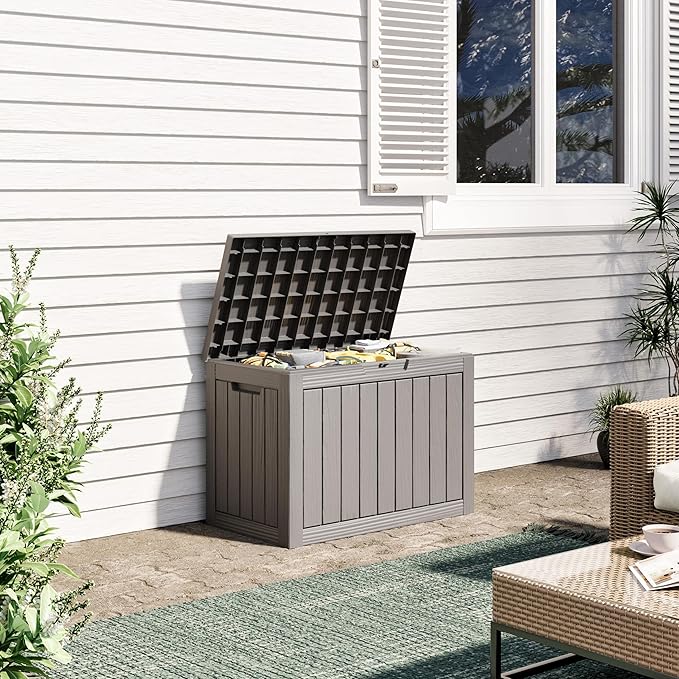 45 Gallon Outdoor Storage Box, Resin Deck Boxes Outdoor Waterproof For Patio Furniture, Garden Tools, Pool Supplies, Lockable And UV Resistant (Striped Gray)