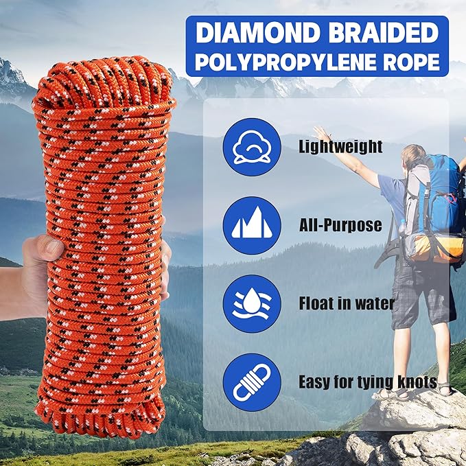 3/8 Inch 100 ft Diamond Braided Polypropylene Rope, All Purpose Thick Boat Marine Ropes for Camping and Flag Pole, Indoor and Outdoor Use, Indoor and Outdoor Use, Orange