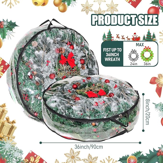 Shappy 10 Pcs 36 Inch Christmas Wreath Storage Container Clear Wreath Storage Bags PVC Waterproof Garland Bags with Clear Window Dual Zippers and Handles for Xmas Holiday Artificial Garland (Black)