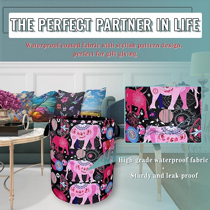 Pink Mandala Elephants Laundry Basket Foldable With Handles Boho Tote Bag Waterproof Oxford Cloth Colorful Laundry Hamper 18.9"x1 6.5 "Clothe Storage Bucket Toy Organizer For Bathroom/Laundry/Bedroom